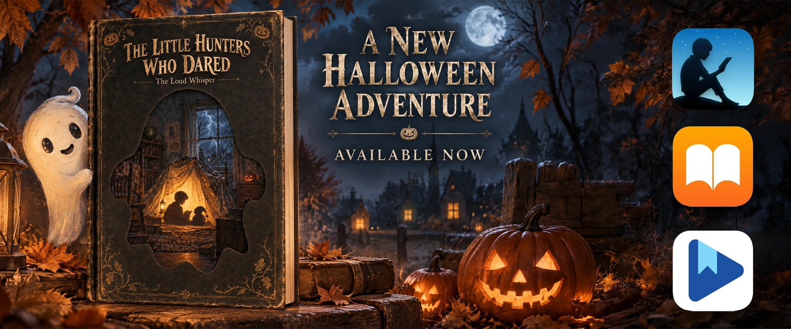 The Little Hunters Who Dared: The Loud Whisper. A new Halloween adventure, available now on Kindle, Apple Books and Google Play Books. Illustrated book cover beside a friendly ghost and glowing jack-o'-lanterns under a full moon.